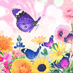 Colorful beautiful flowers and butterflies against magic sun light blurred background with sparkle spots. Summertime nature abstract. Toned colors image