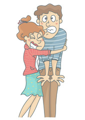 Woman suffocating man with love. Vector cartoon of woman hugging man who is annoyed, bad relationship.