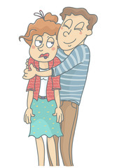 Man suffocating woman with love. Vector illustration of man hugging annoyed woman. Bad relationship.