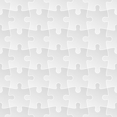 Jigsaw puzzle mosaic seamless background. Each of puzzle pieces in linear arrangement has own grey gradient and white outline. Simple flat vector illustration.