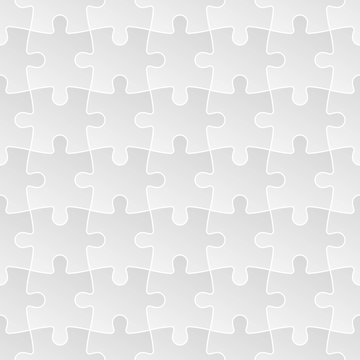 Jigsaw puzzle mosaic seamless background. Each of puzzle pieces in linear arrangement has own grey gradient and white outline. Simple flat vector illustration.