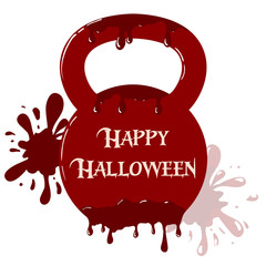 Bloody kettlebell with happy Halloween text.