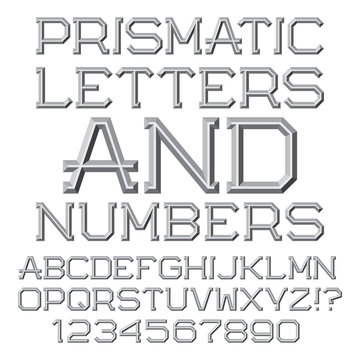 Gray faceted letters and numbers. Prismatic retro font. Isolated English alphabet with figures.