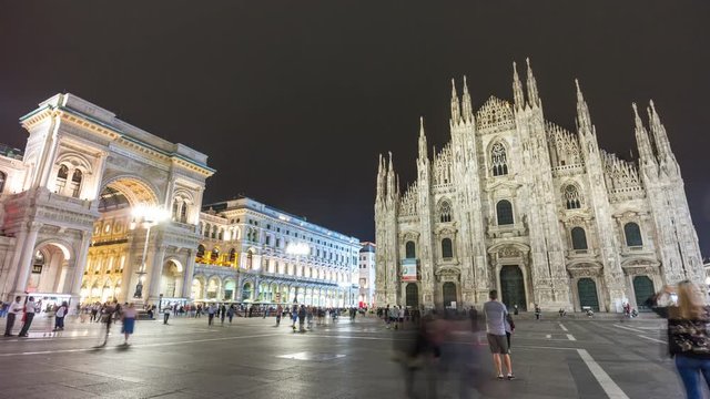 night duomo cathedral square galleria mall panorama 4k time lapse milan italy
