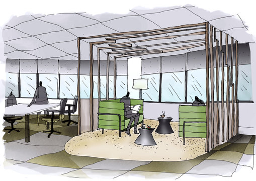 Outline sketch drawing and paint of a interior space,  office,Lounge B & Meeting Space