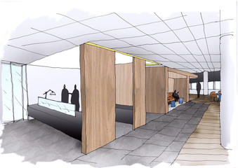 Drawing  of a interior space,  office,Reception