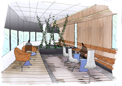 Outline sketch drawing and paint of a interior space,  office,Lounge  & Meeting Space