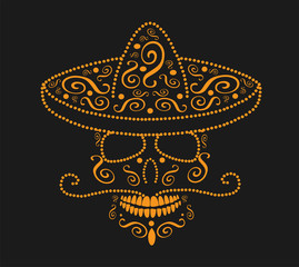 Mexican skull with sombrero, Day of the dead neon orange color