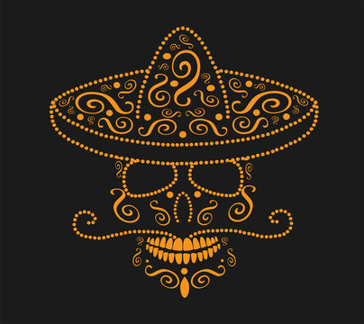 Mexican skull with sombrero, Day of the dead neon orange color