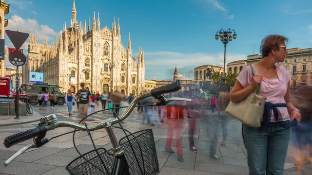 Traffic Street Bicycle Sunny Duomo Cathedral Panorama 4k Time Lapse Italy
