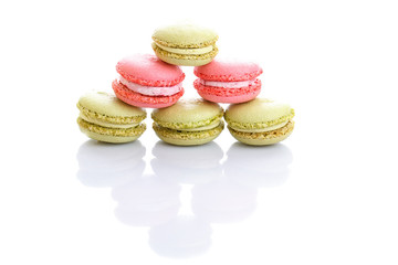 Sweet and colourful french macaroons or macaron on white background