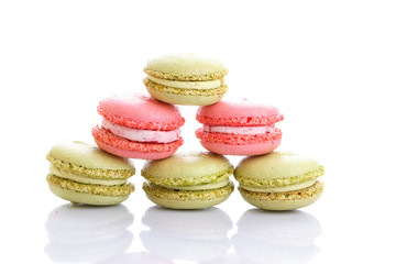 Sweet and colourful french macaroons or macaron on white background