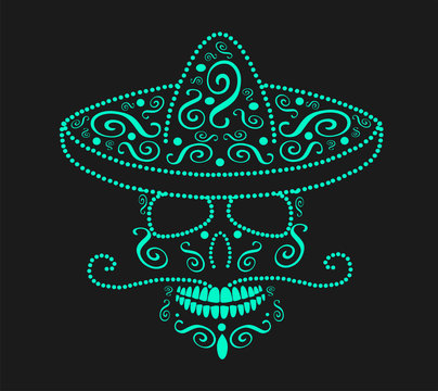 Mexican skull with sombrero, Day of the dead neon color