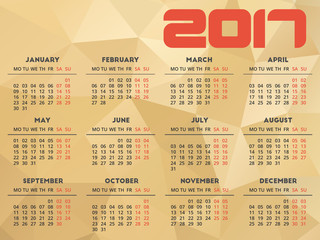 Calendar 2017 design with abstract golden polygonal background