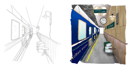 Outline sketch drawing and paint of a interior space,  office, walkway