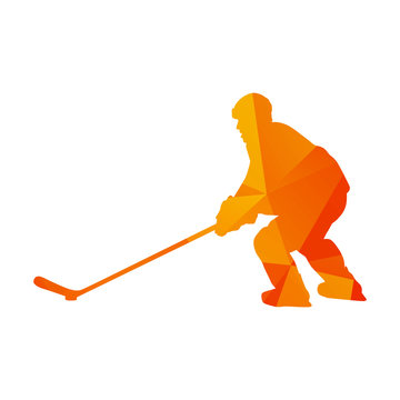 Polygonal ice hockey player, abstract orange isolated vector sil