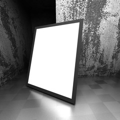 Shiny white blank advertising billboard in dark concrete room