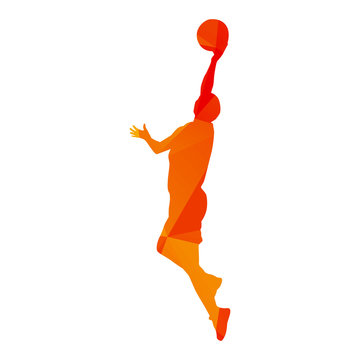 Polygonal basketball player woman, abstract isolated vector silh