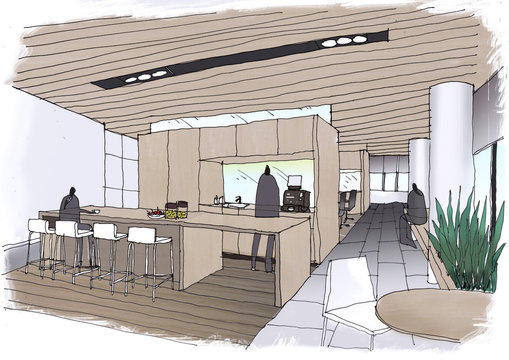 Outline sketch drawing  and paint of a interior space,canteen 