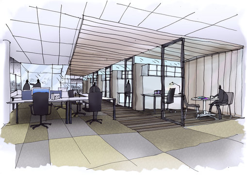 Outline sketch drawing  and paint of a interior space,workstation office
