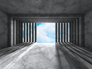 Empty concrete room with window to sky. Architecture background