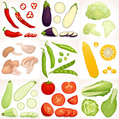 Set of vegetables. Different vegetables whole, half and sliced isolated on background. Vector illustration.