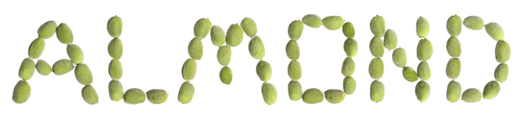 Word ALMOND made of almonds fruits isolated on a white background