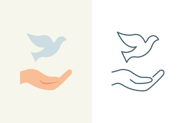 Vector illustration of a hand holding the dove - obrazy, fototapety, plakaty