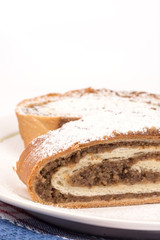 Closeup macro strudel with walnuts with copy space