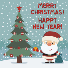 Merry Christmas and Happy New year! Funny Santa Claus with gift near Christmas tree. Card in cartoon style.