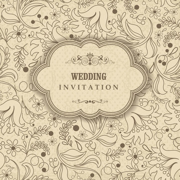 Wedding Invitation. Greeting Card with Flowers in a folk style