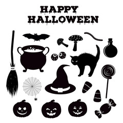 Halloween silhouettes collection of related holiday objects. Black icon set traditional witches attributes.