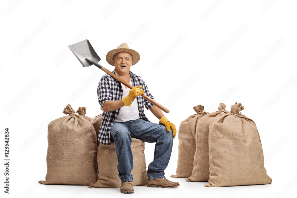 Wall mural Farmer sitting on burlap sack and holding a shovel