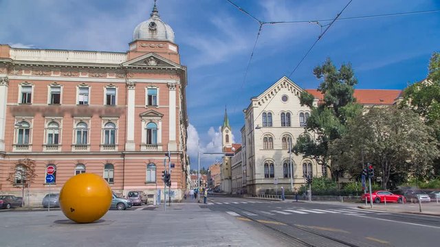 Street near new building of Croatian Music Academy timelapse in Zagreb, Croatia.