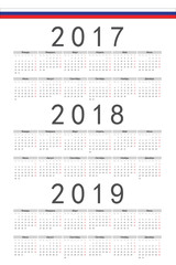 Set of rectangle Russian 2017, 2018, 2019 year vector calendars