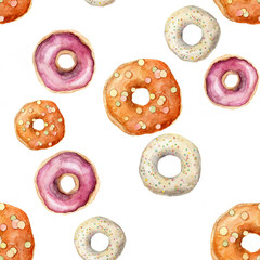hand painted watercolor seamless pattern with glazed donuts isolated on white. Bakery repeating texture for wrapping paper, background, fabric and textile.
