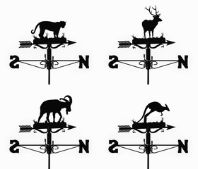 isolated windvanes in the form of jaguar, deer, goat and kangroo
