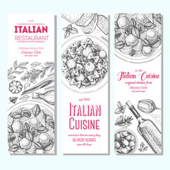 Italian food vintage design template. Vertical banners set. Vector illustration hand drawn linear art. Italian Cuisine restaurant menu. Hand drawn sketch vector banners.