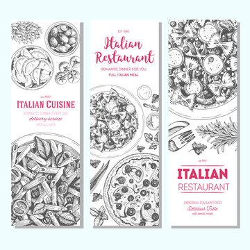 Italian food vintage design template. Vertical banners set. Vector illustration hand drawn linear art. Italian Cuisine restaurant menu. Hand drawn sketch vector banners.