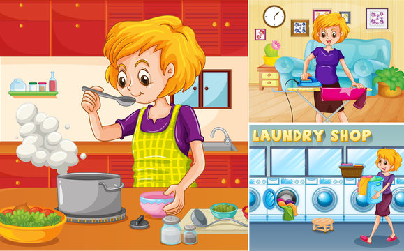 Housewife doing different chores in the house