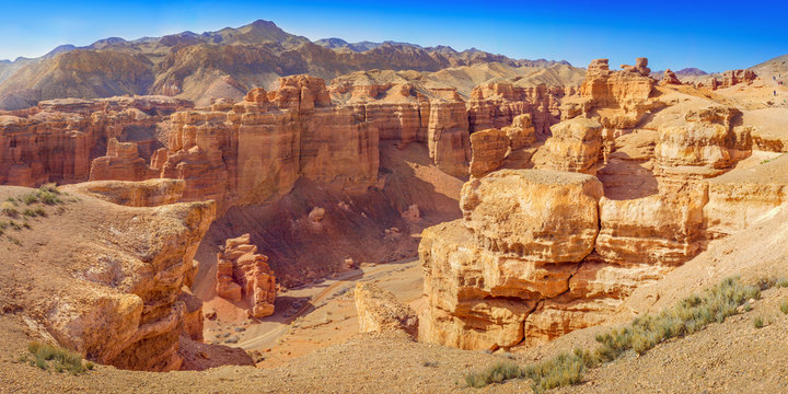 Charyn canyon in Almaty region of Kazakhstan. Beautiful view of the canyon from the observation deck upstairs