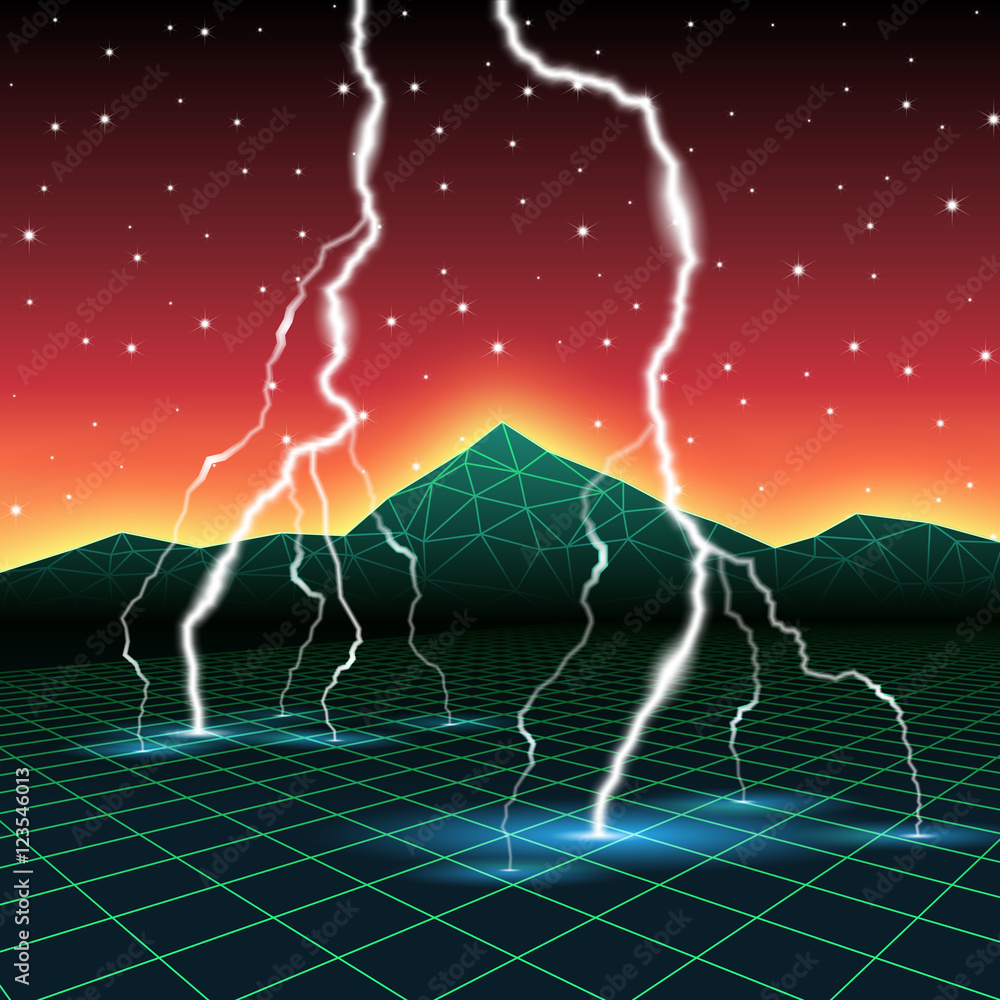 Poster neon new retro wave computer landscape with lightning