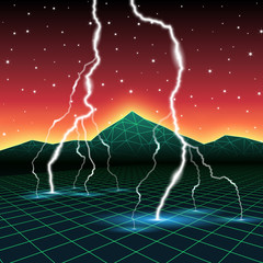 Neon new retro wave computer landscape with lightning
