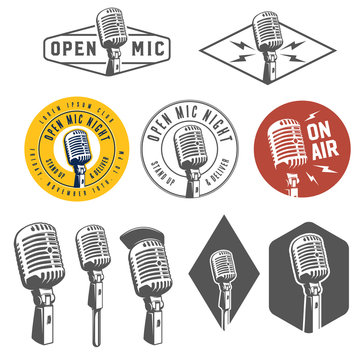 Set of vintage retro microphone emblems, labels and design elements