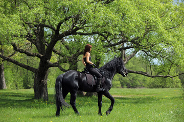 Young girl riding on a black horse in the park