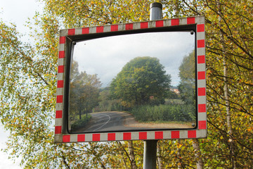 Straßenspiegel mit Straße und Bäumen

