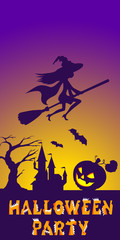 Halloween illustration of mysterious night landscape with witch fly on broom and castle. Template for your design. Vector drawing.