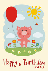 Happy birthday! Funny pig with balloon on flower meadow. Card in cartoon style.