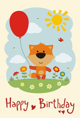 Happy birthday! Funny fox with balloon on flower meadow. Card in cartoon style.