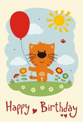 Happy birthday! Funny kitten cat with balloon on flower meadow. Card in cartoon style.
